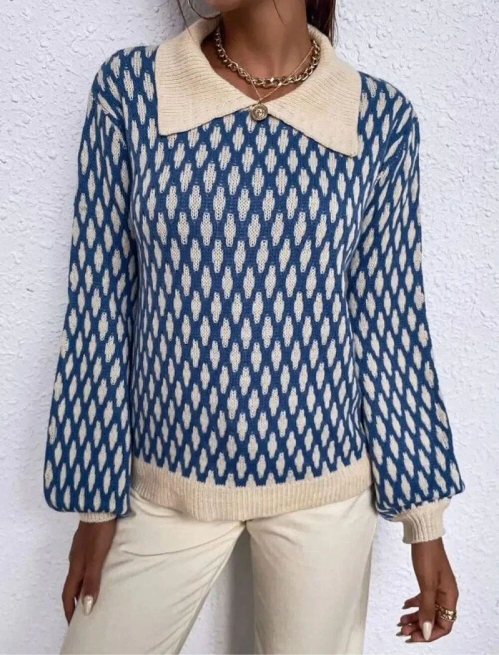 Womens Shein Argyle Print Split Neck Lantern Sleeve Sweater - Sz L